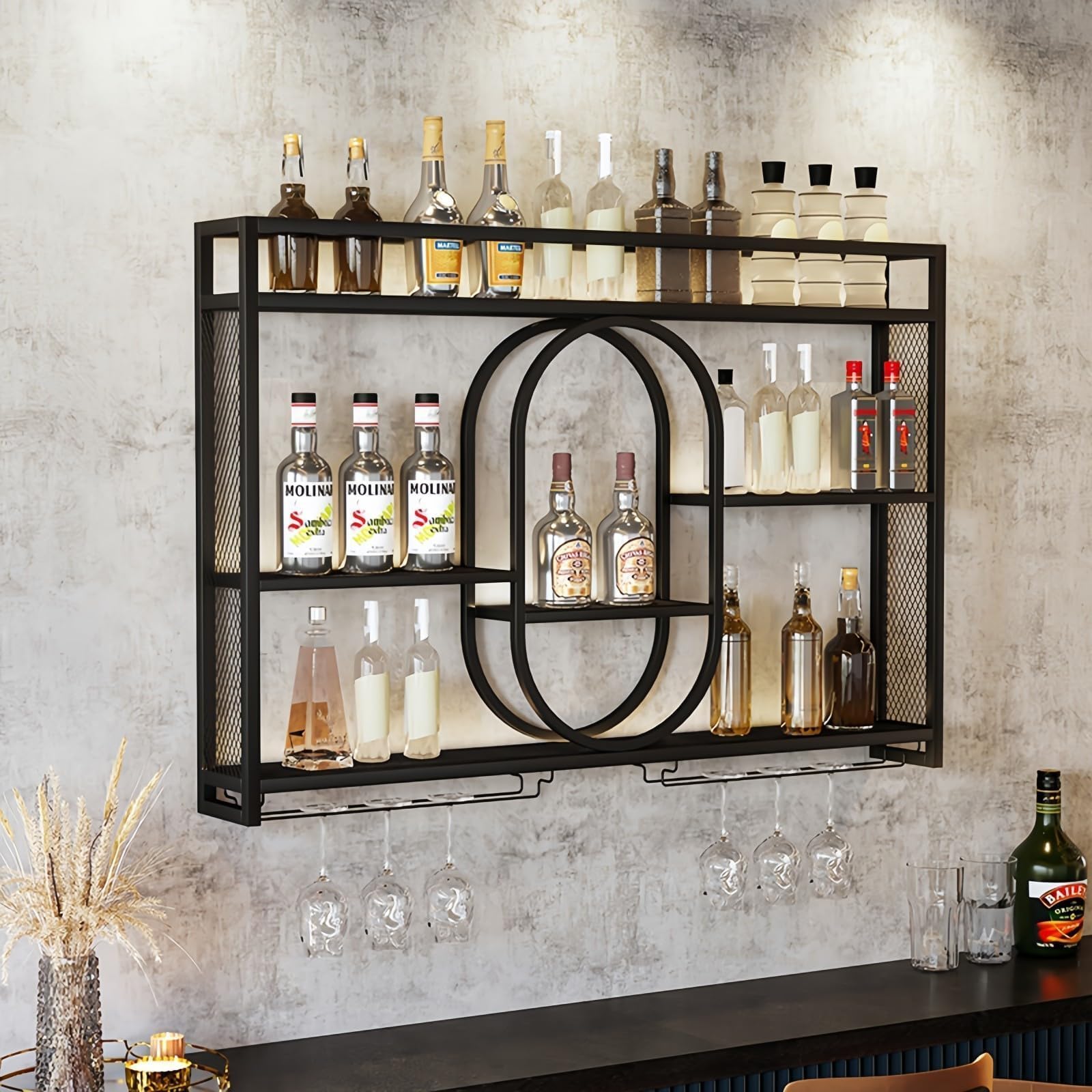 Home Bar Shelves - رف نبيذ معدني معلق على الحائط